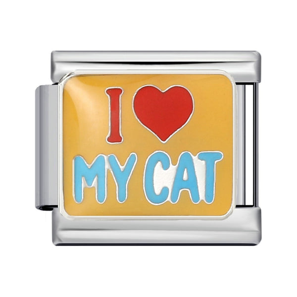 Yellow I Love My Cat Italian charm in silver - Barcelona souvenir