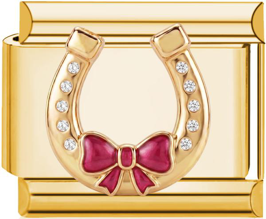 Horseshoe Pink Bow Italian Charm Gold