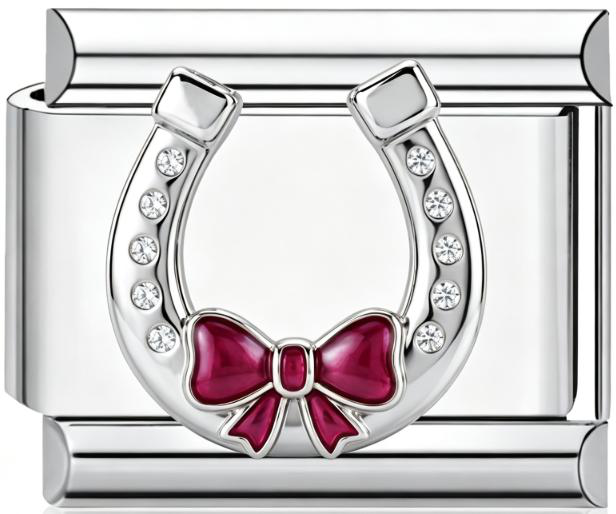Horseshoe Pink Bow Italian Charm Silver