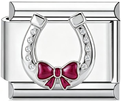 Horseshoe Pink Bow Italian Charm Silver