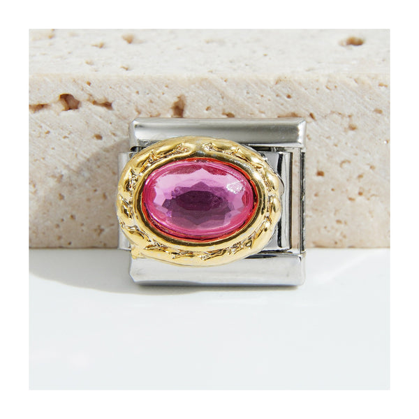 Pink Oval Gem Italian charm in silver - Barcelona souvenir