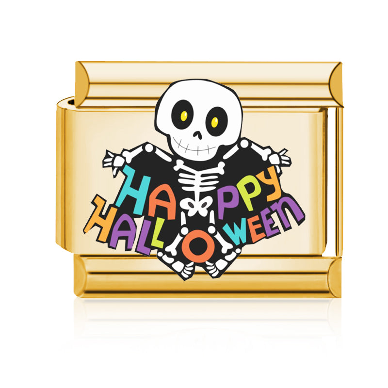 Happy Halloween Skeleton Italian charm in gold - Barcelona souvenir