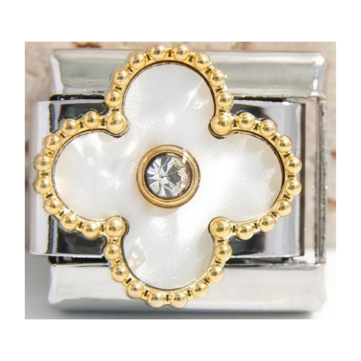 White Crystal Clover Italian charm in silver - Barcelona souvenir