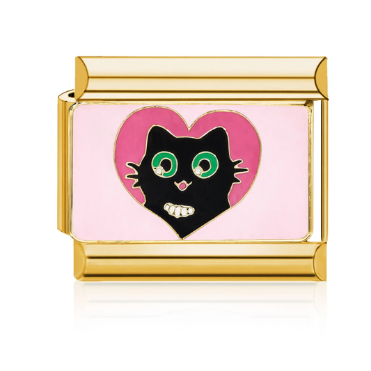 Black Cat in Pink Heart Italian Charm Gold