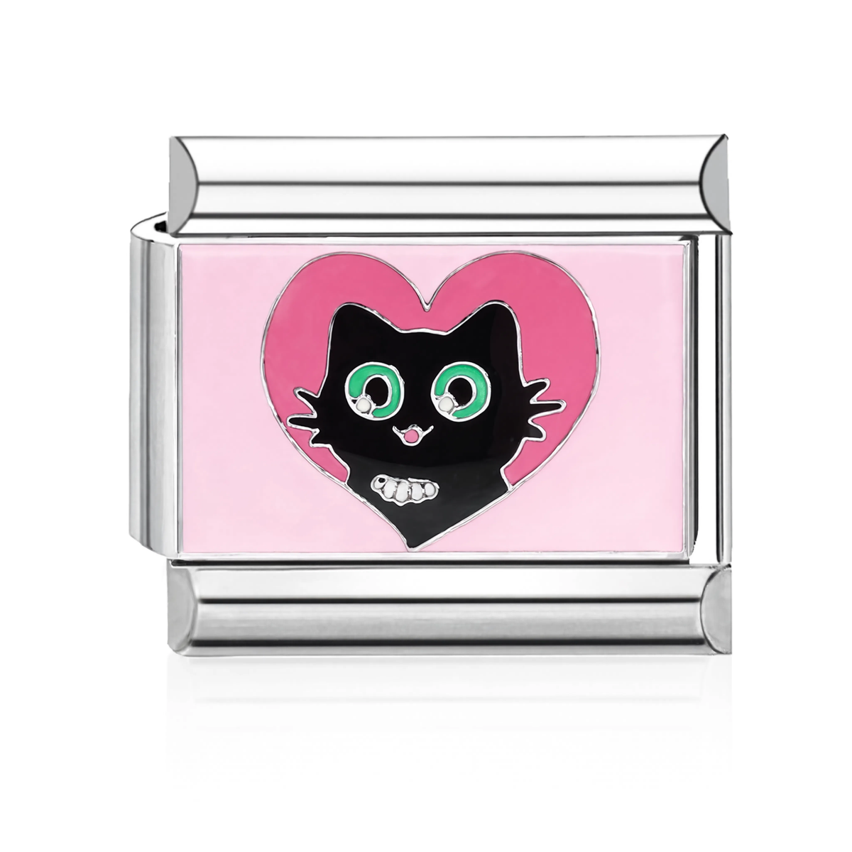 Black Cat in Pink Heart Italian Charm Silver