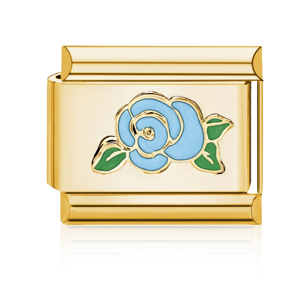 Blue Rose with Leaves Italian Charm - Gold