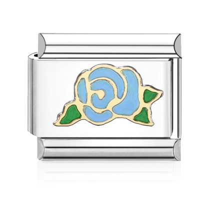 Blue Rose with Leaves Italian Charm - Silver