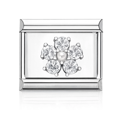 CZ Flower with Pearl Italian Charm Silver