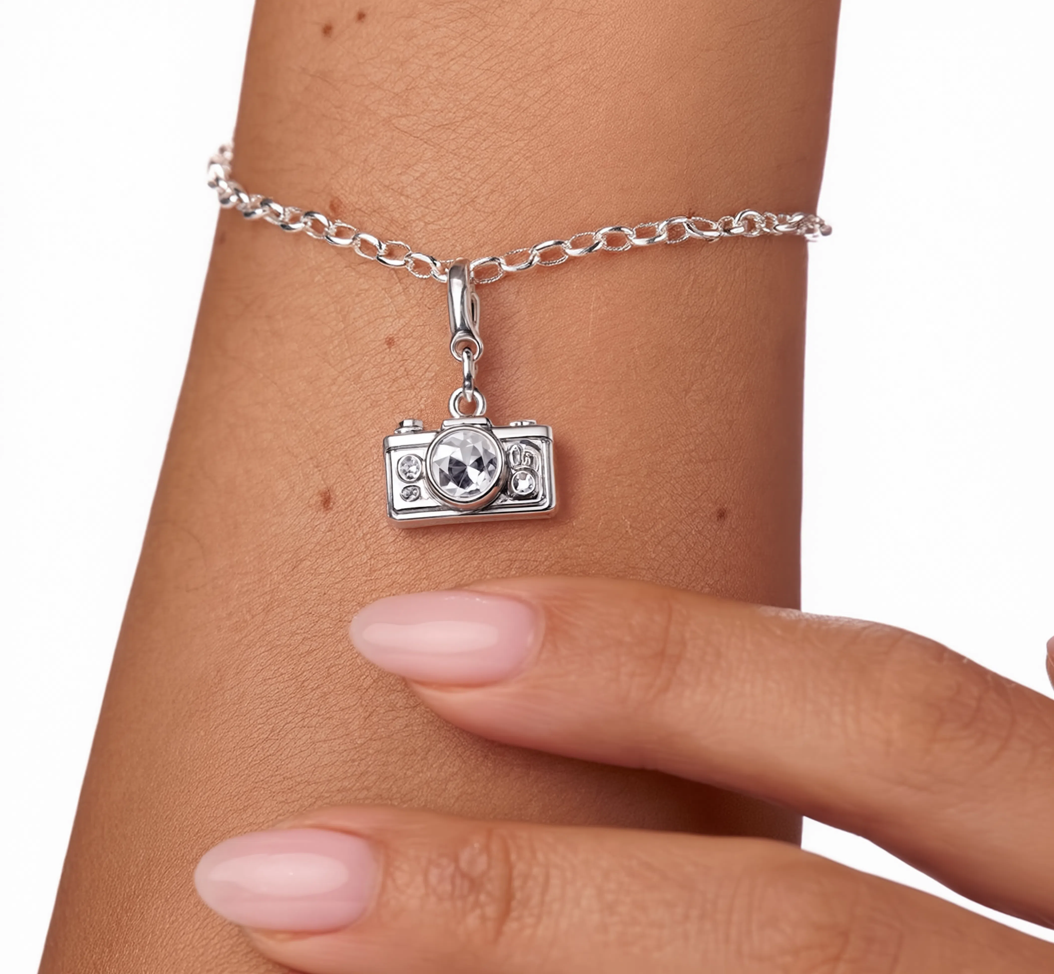 Camera Charm Silver — worn on bracelet