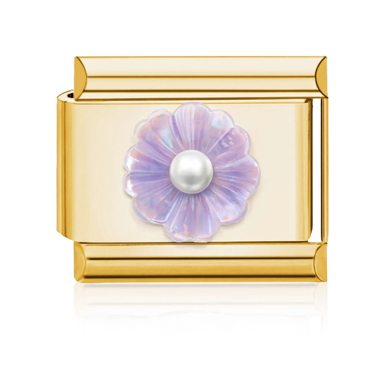 Lavender Flower Pearl Italian Charm - Gold
