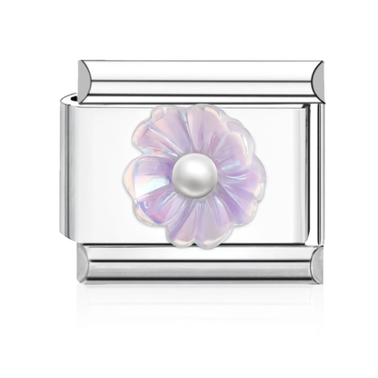 Lavender Flower Pearl Italian Charm - Silver
