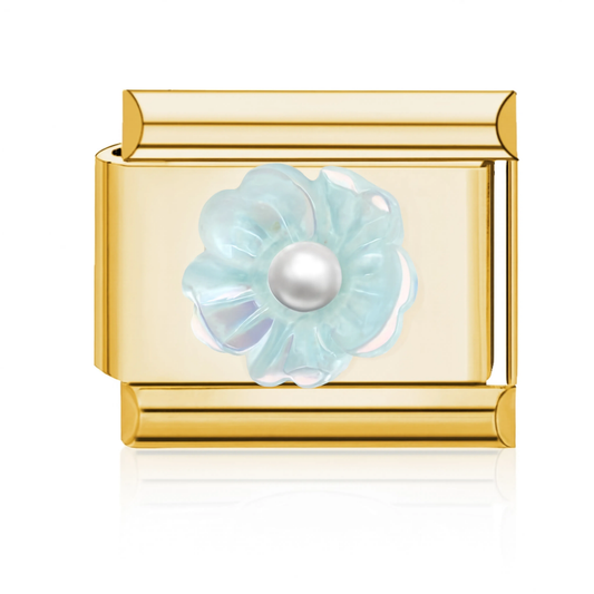 Light-Blue Flower Pearl Italian Charm - Gold