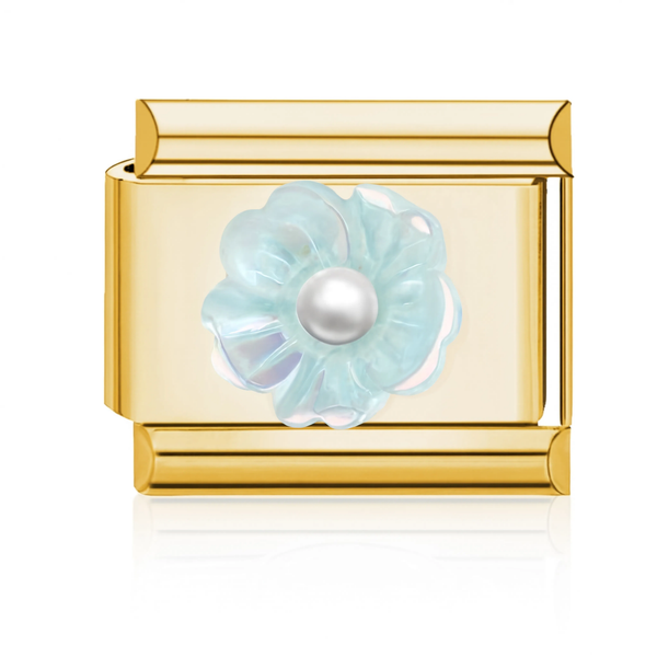Light-Blue Flower Pearl Italian Charm - Gold