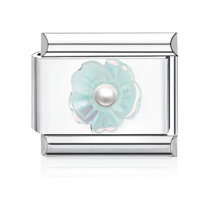 Light-Blue Flower Pearl Italian Charm - Silver