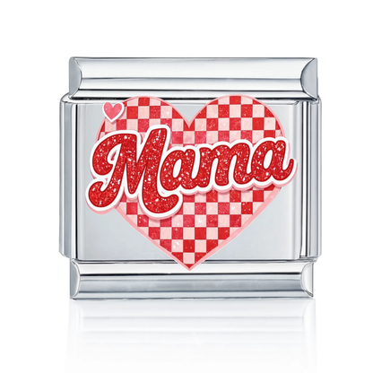 Mama Checkered Heart Charm Silver