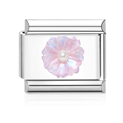 Pink Flower Pearl Italian Charm - Silver