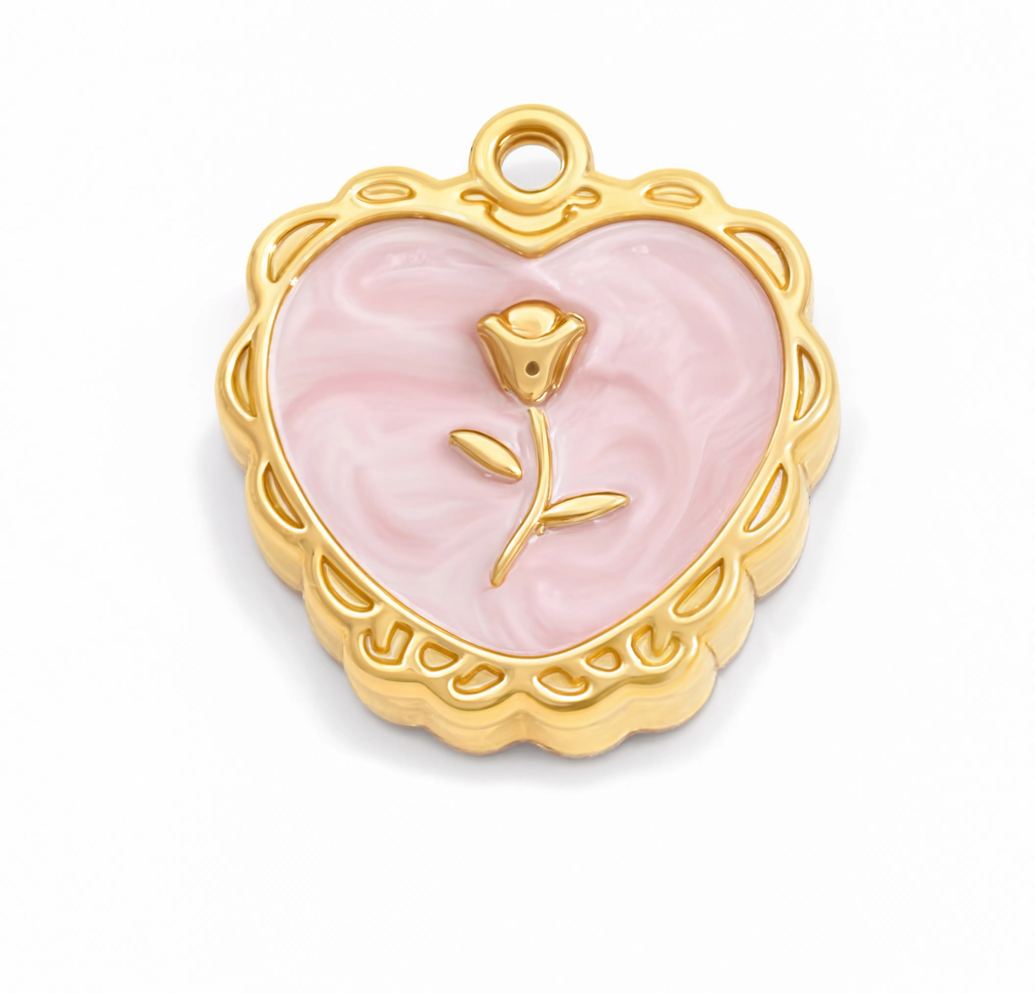 Pink Rose Heart Locket Charm Gold