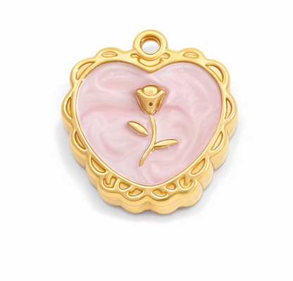Pink Rose Heart Locket Charm Gold