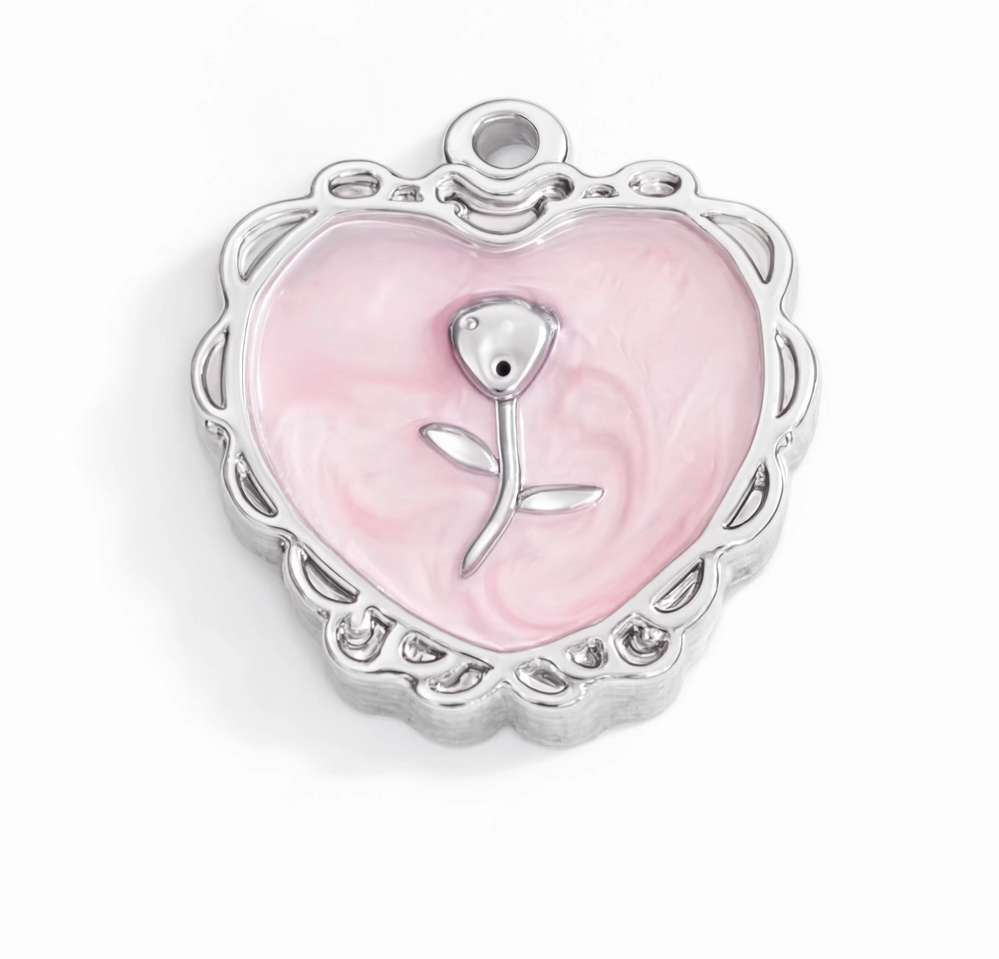 Pink Rose Heart Locket Charm Silver