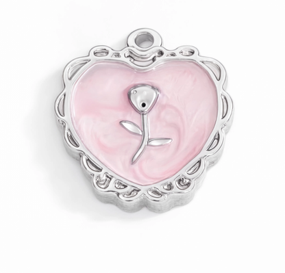 Pink Rose Heart Locket Charm Silver
