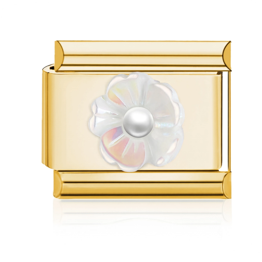 White Flower Pearl Italian Charm - Gold