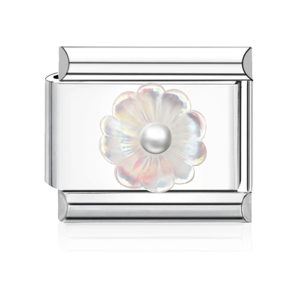 White Flower Pearl Italian Charm - Silver