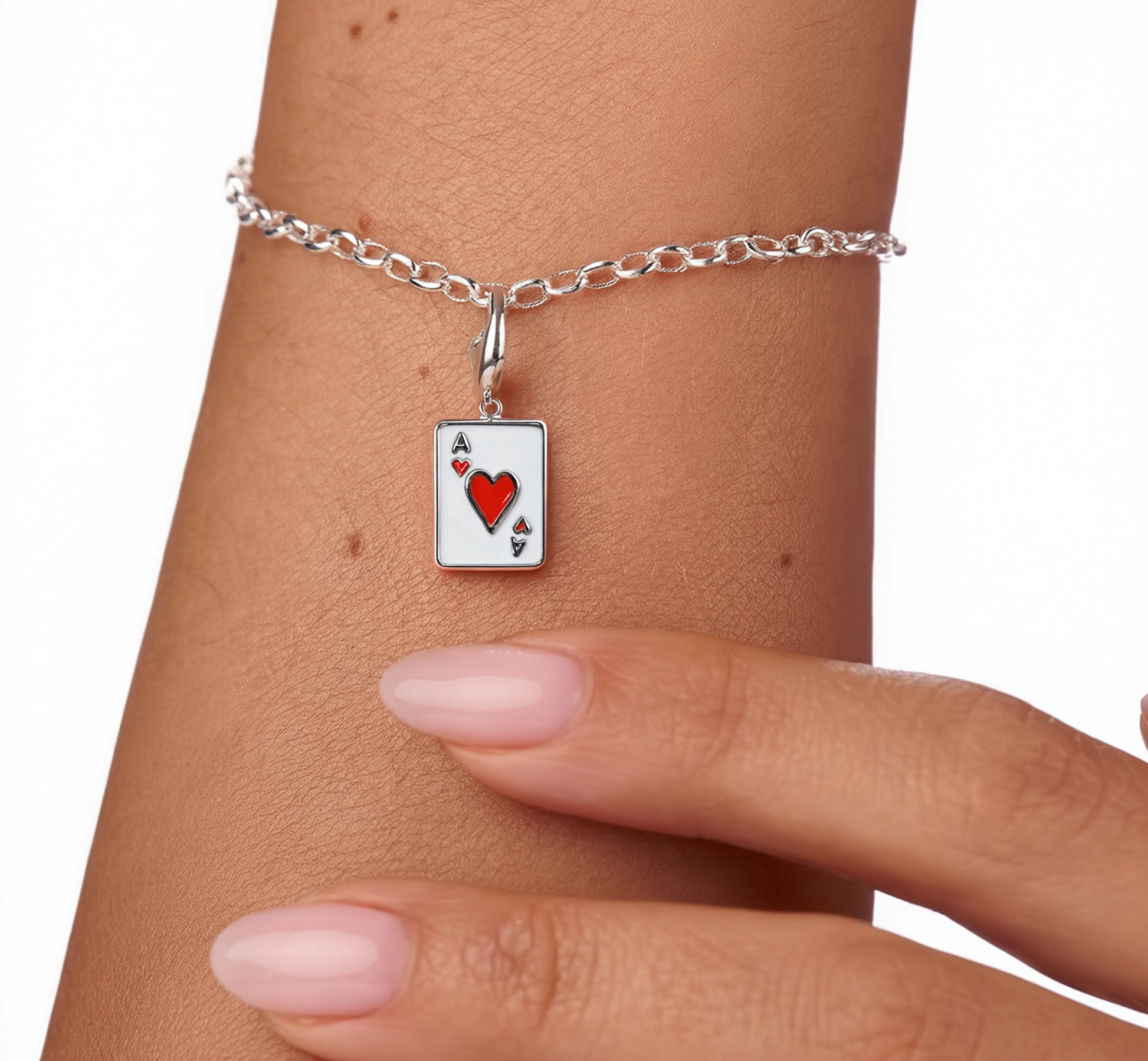Ace of Hearts Charm Silver — worn on bracelet