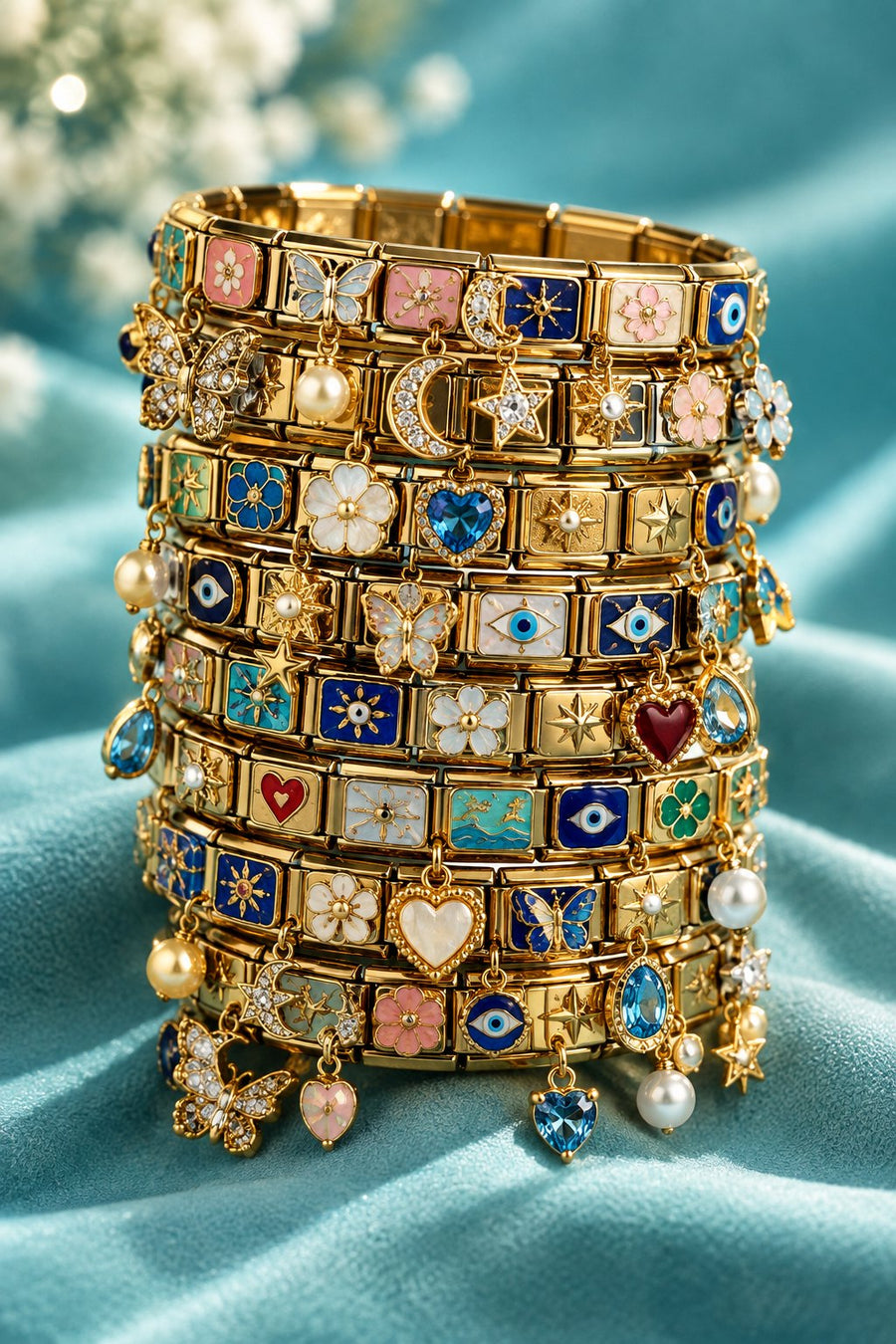 Stack of gold Italian charm bracelets