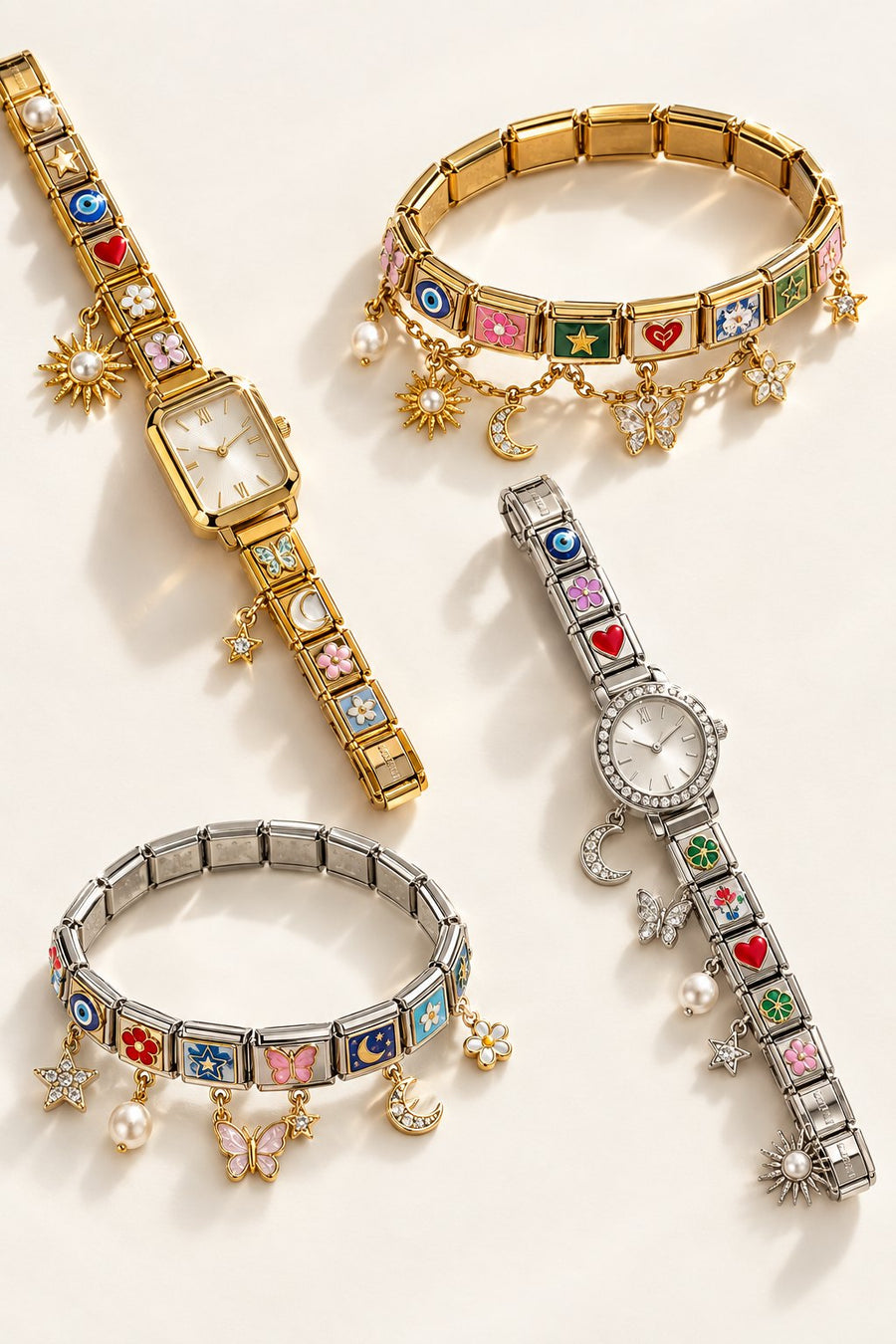 Italian charm bracelets and watches in gold and silver
