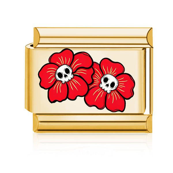 Skull Poppies Italian charm in gold - Barcelona souvenir