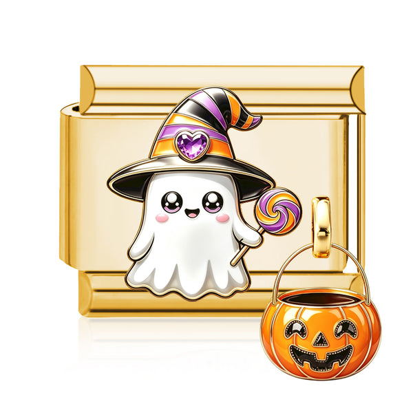 Ghost Trick or Treat Italian charm in gold - Barcelona souvenir