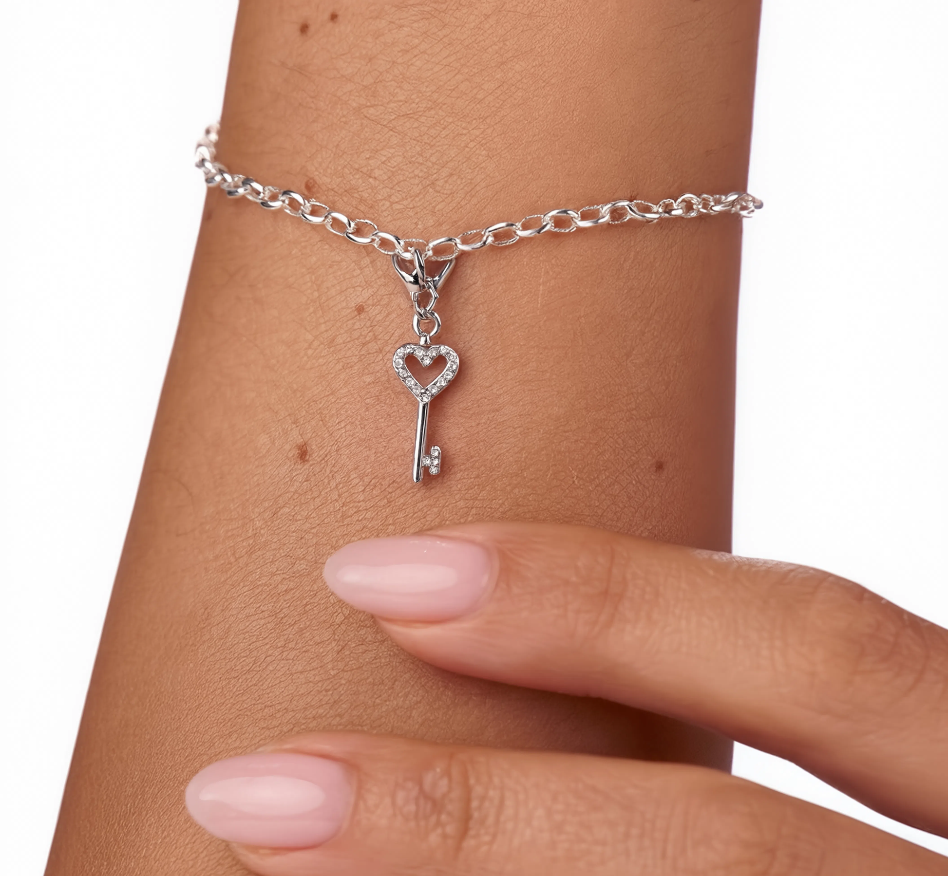 Heart Key Open Charm Silver — worn on bracelet