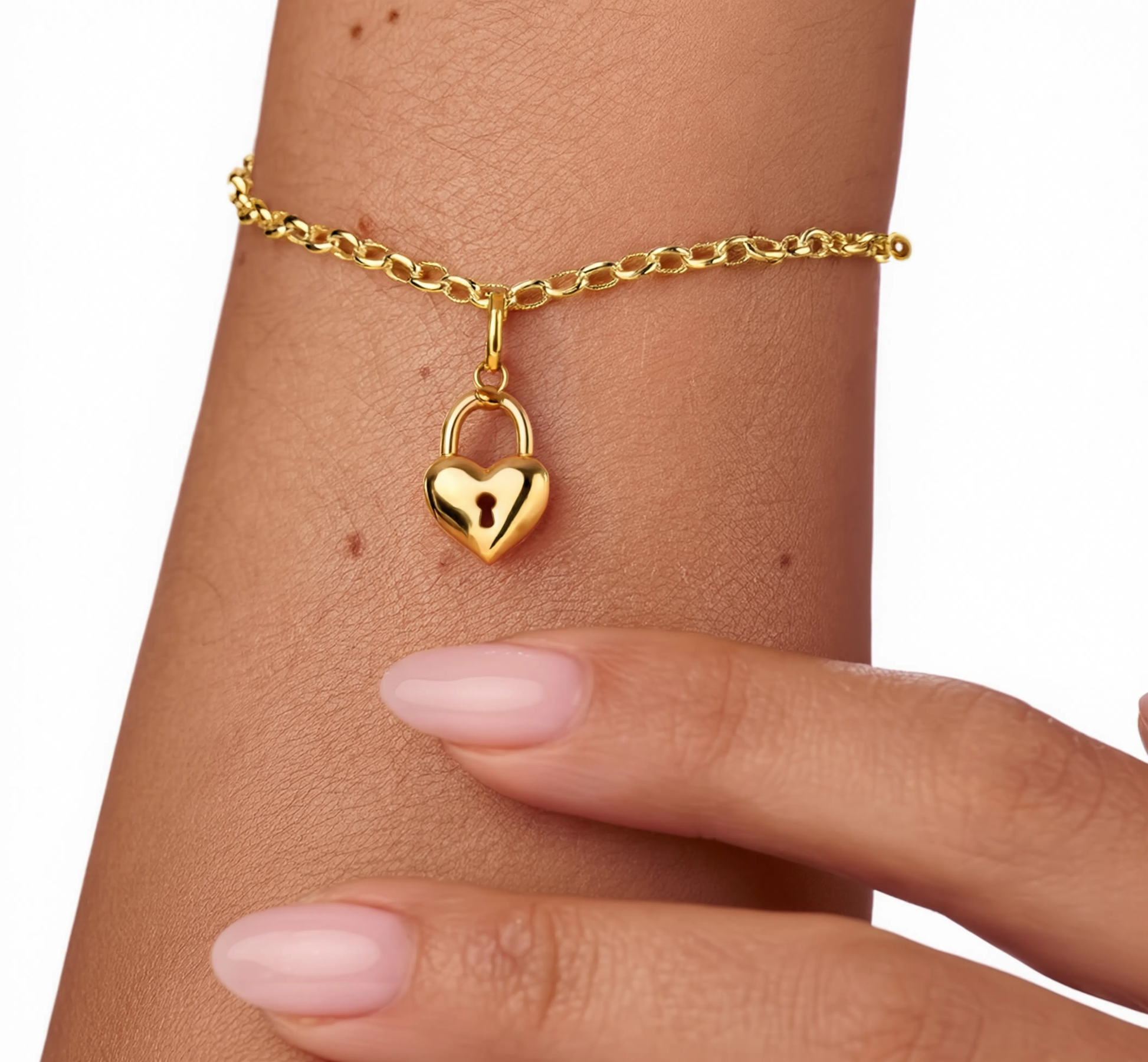 Heart Lock Charm Gold — worn on bracelet