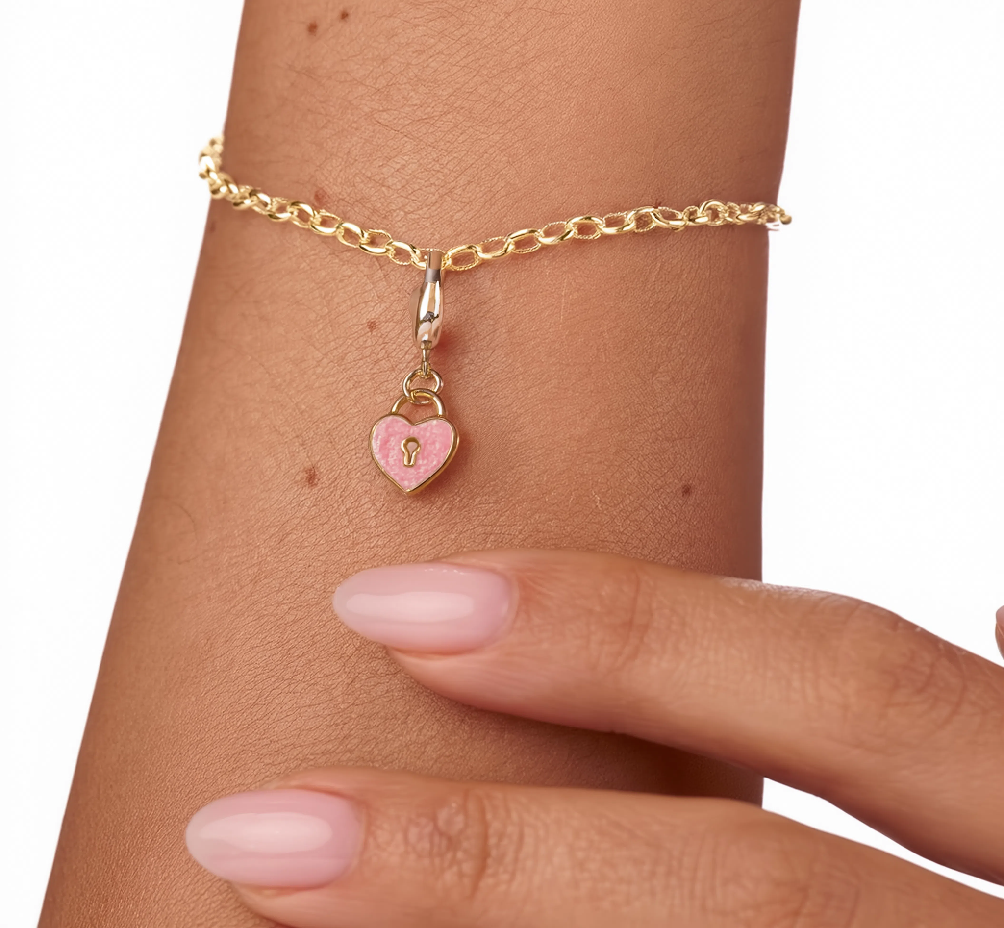 Heart Lock Pink Charm Gold — worn on bracelet