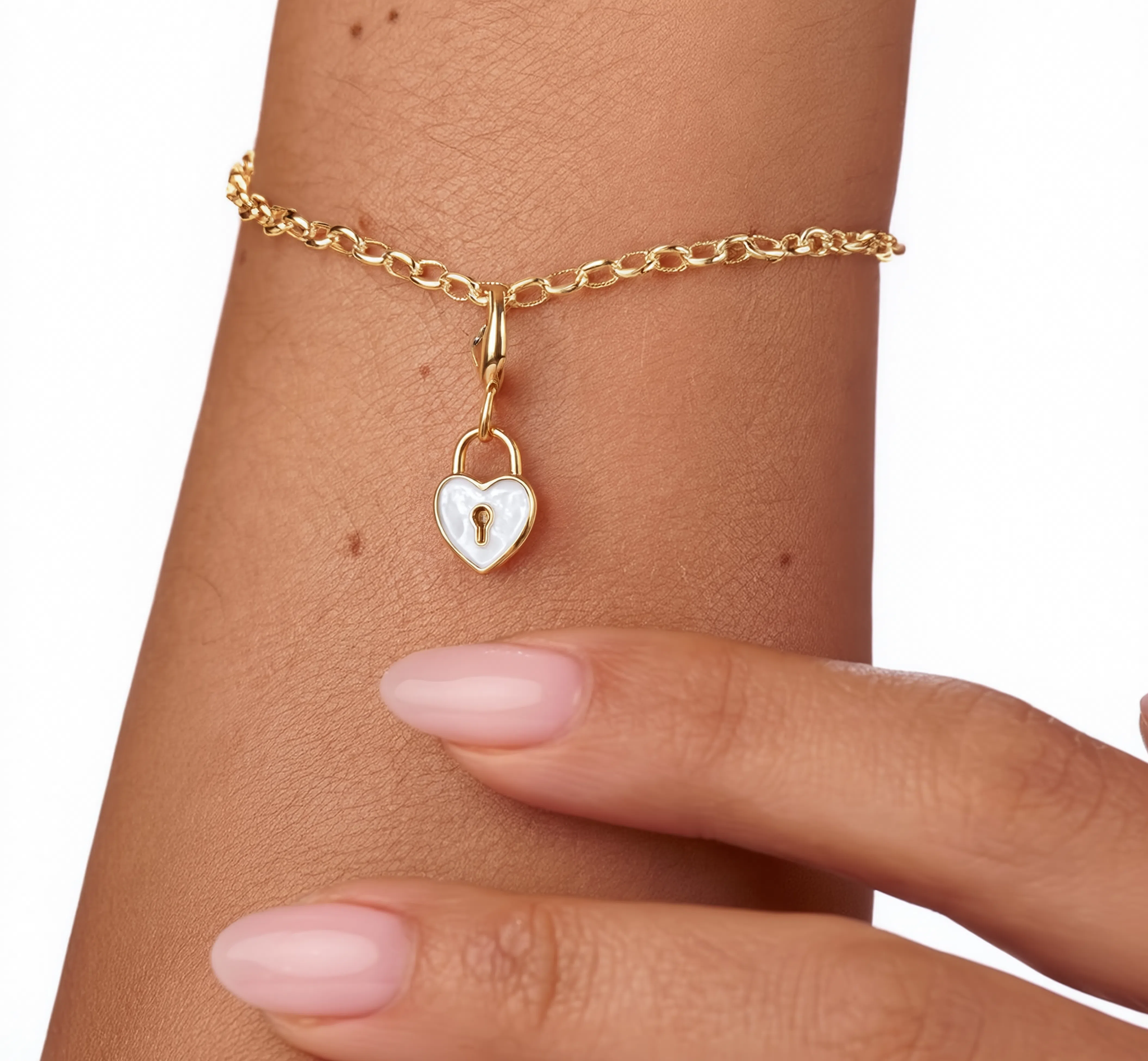 Heart Lock White Charm Gold — worn on bracelet