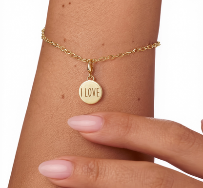 I Love Charm Gold — worn on bracelet