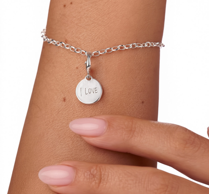 I Love Charm Silver — worn on bracelet