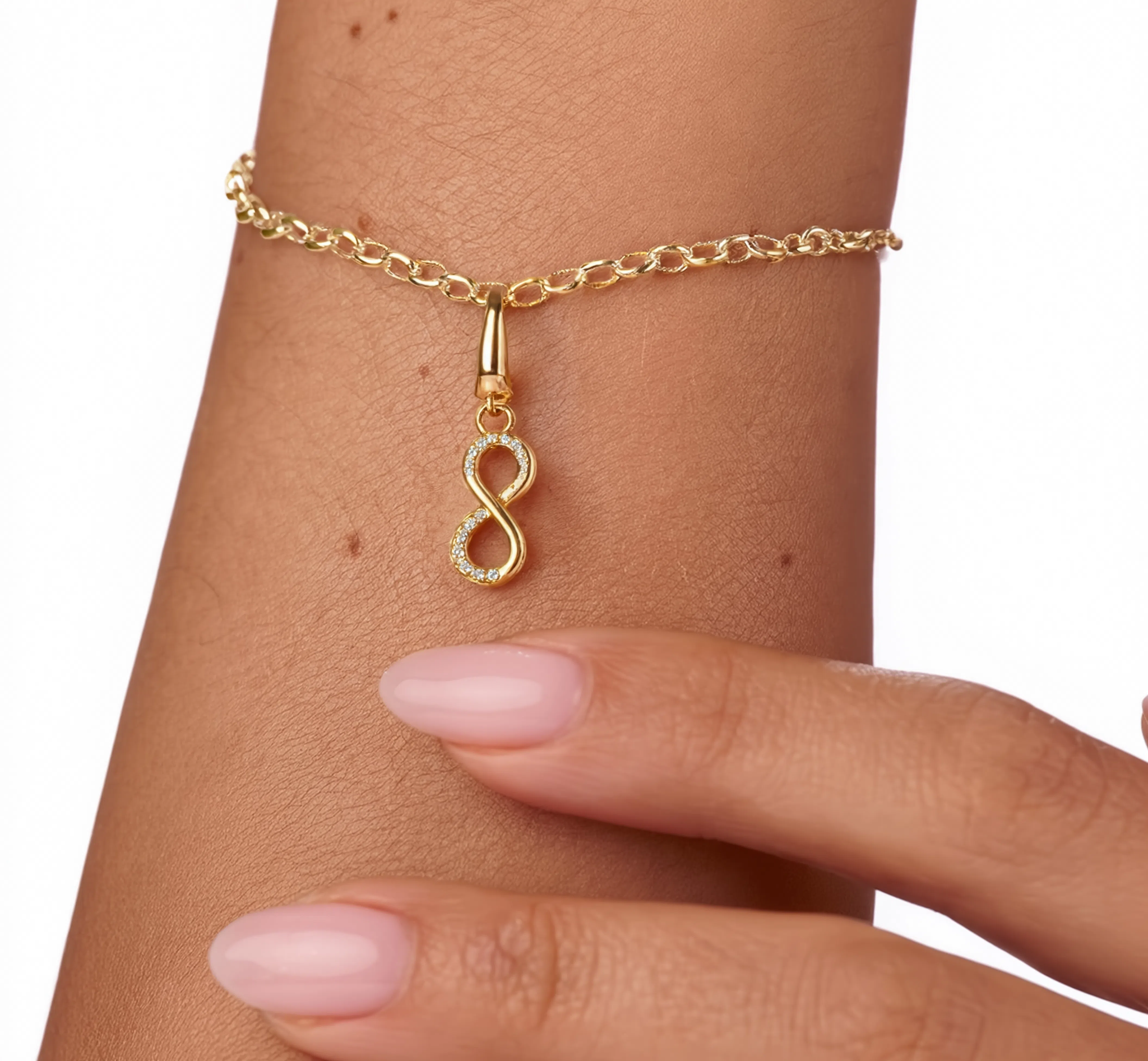 Infinity Crystals Charm Gold — worn on bracelet