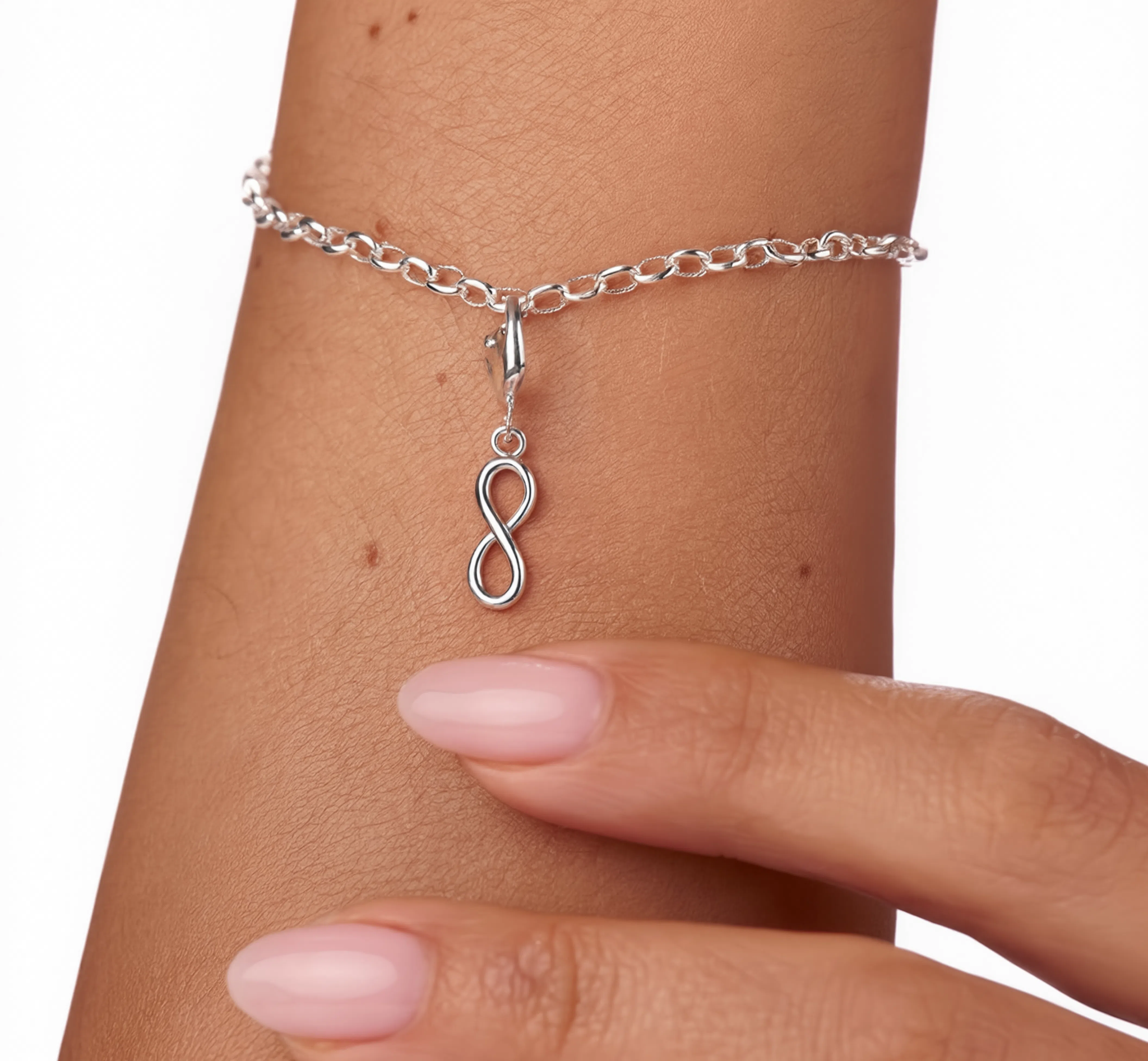 Infinity Plain Charm Silver — worn on bracelet