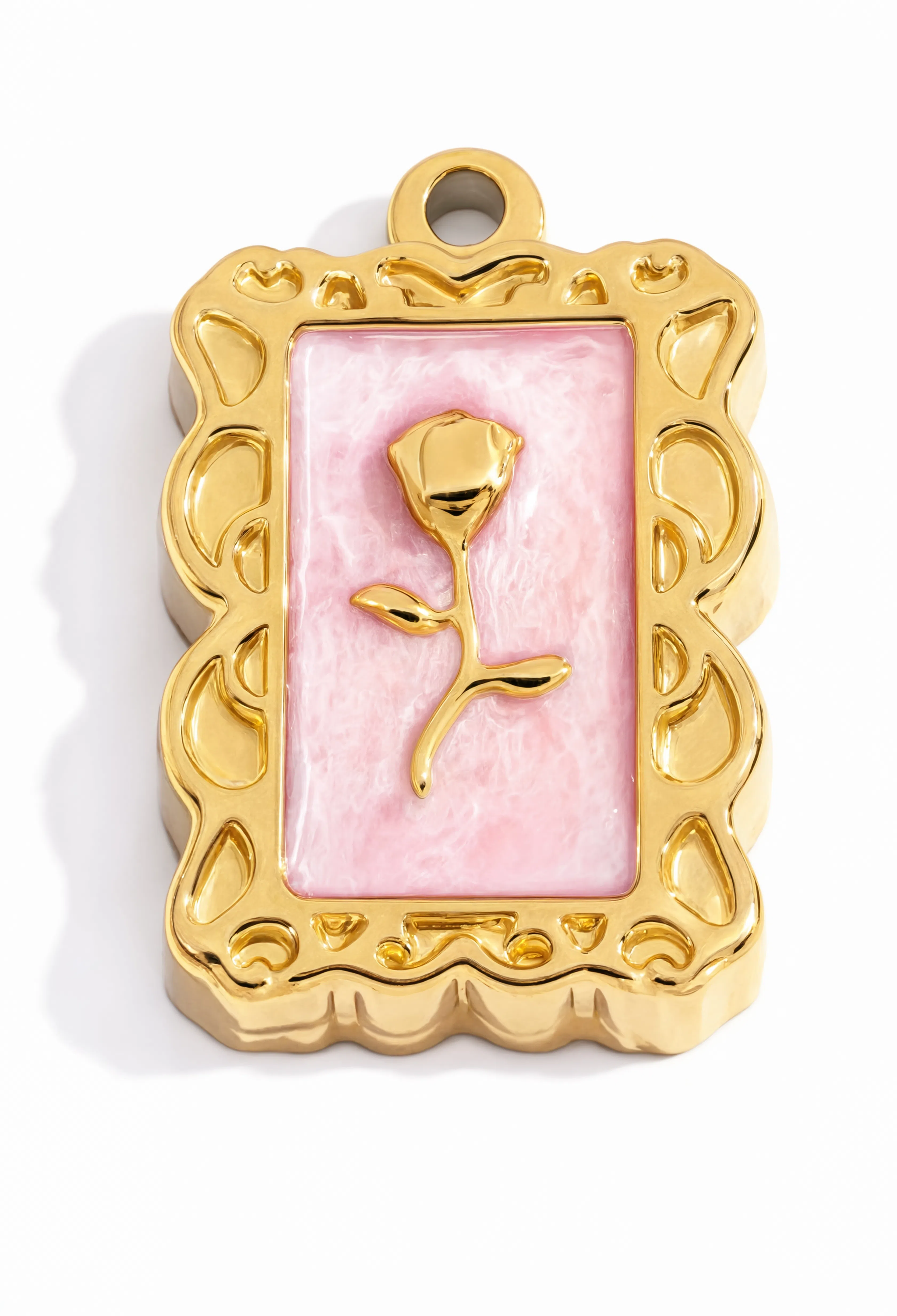 Pink Rose Frame Charm Gold