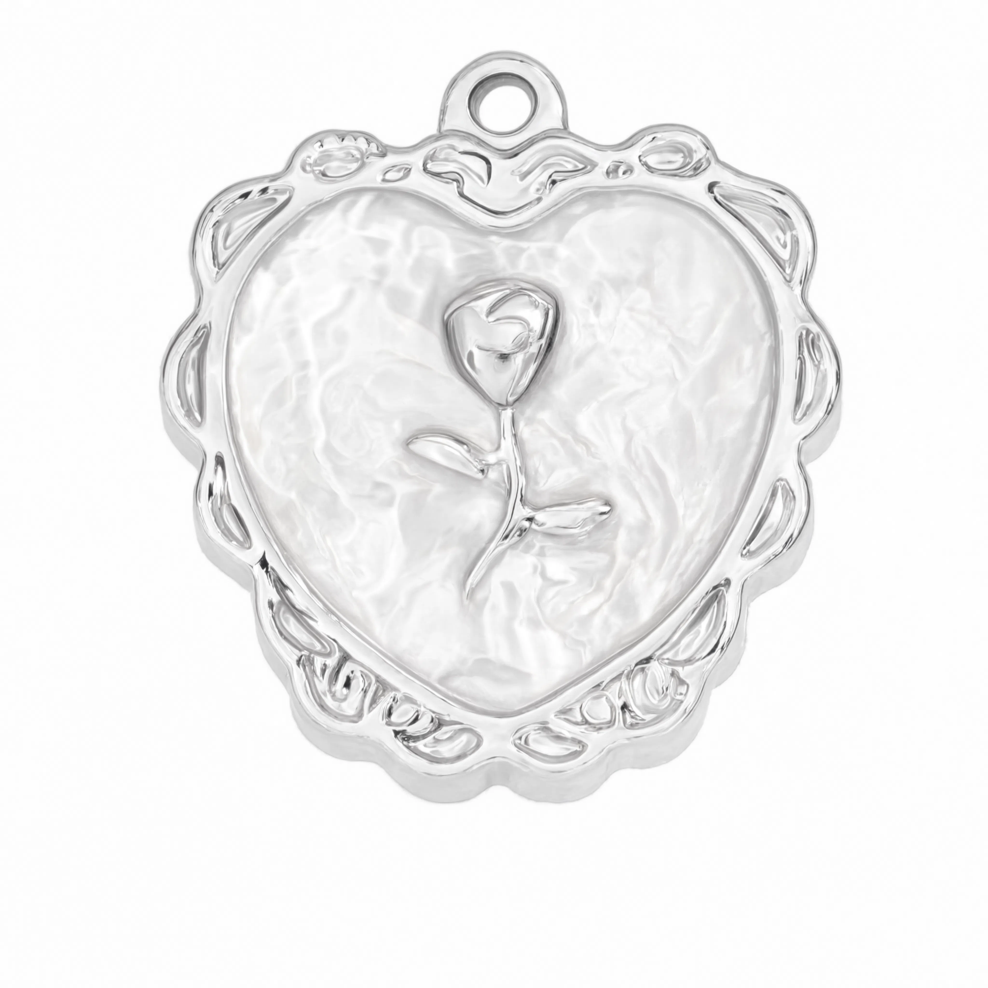 Rose Heart Frame Charm Silver