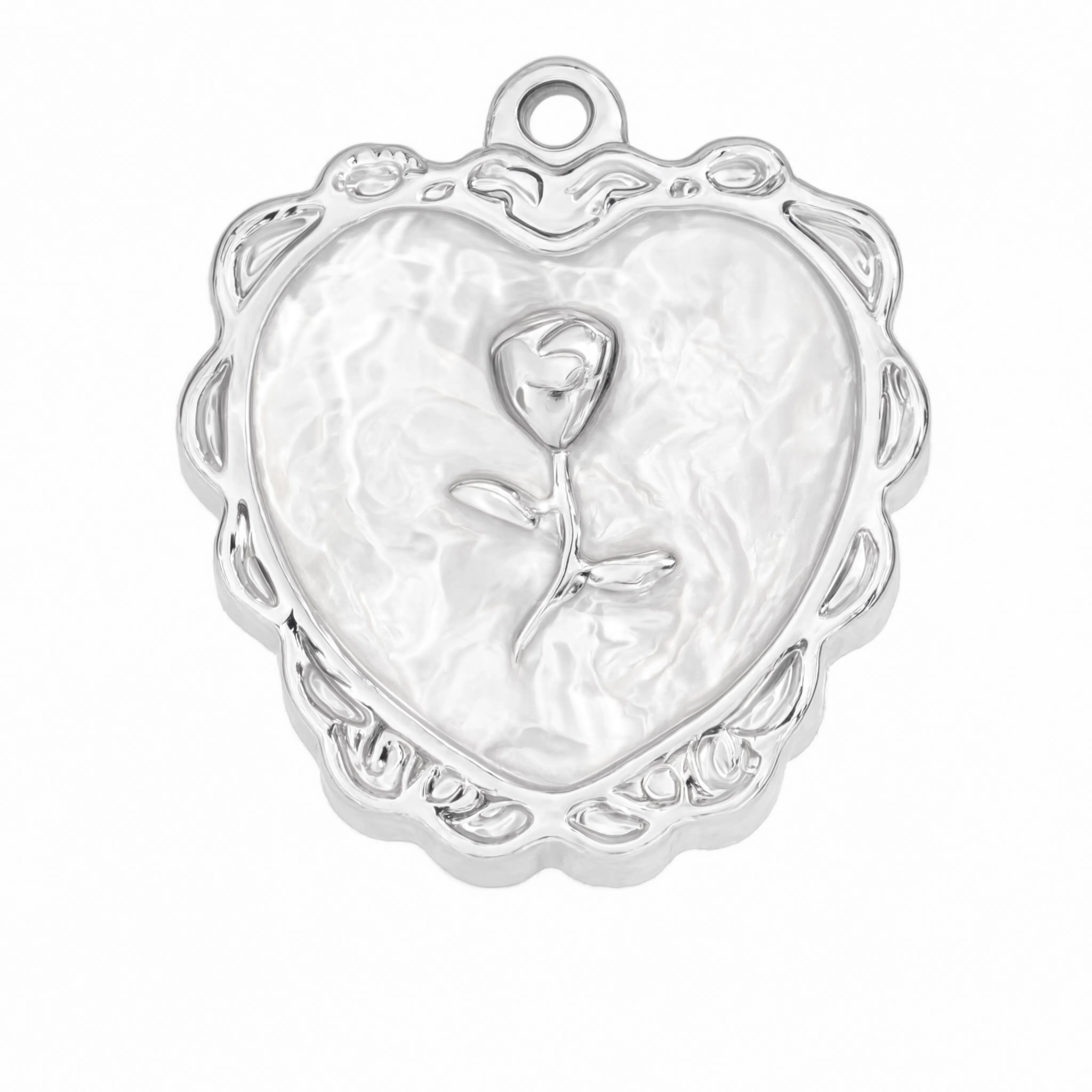 Rose Heart Frame Charm Silver