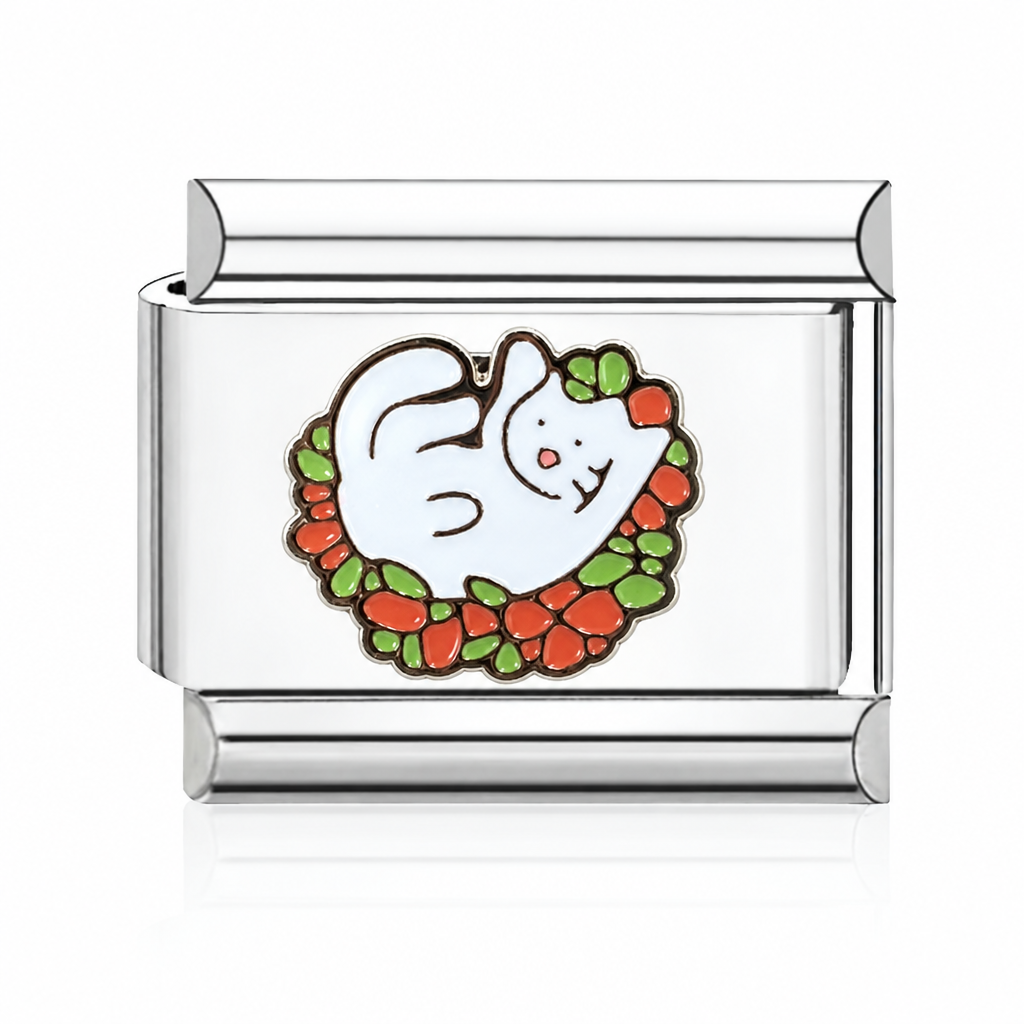 Sleeping Cat Wreath Italian charm in silver - Barcelona souvenir