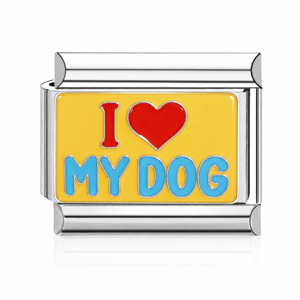 Yellow I Love My Dog Italian charm in silver - Barcelona souvenir